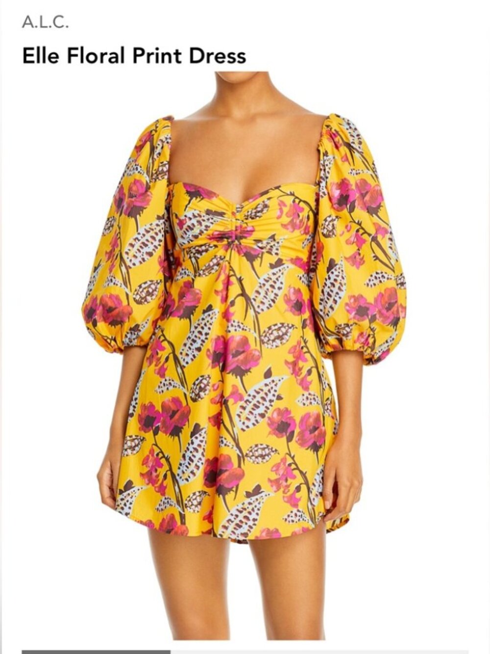 A.L.C. Elle Mini Dress Sweetheart Neck Puff Sleeves Yellow Poppy Floral
